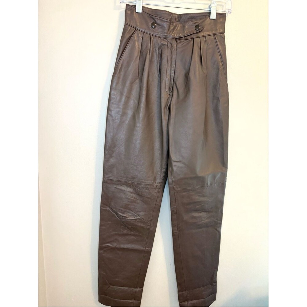 Vintage Leather Pants High Waist 26” Brown Pleated Tapered Made in England 80s